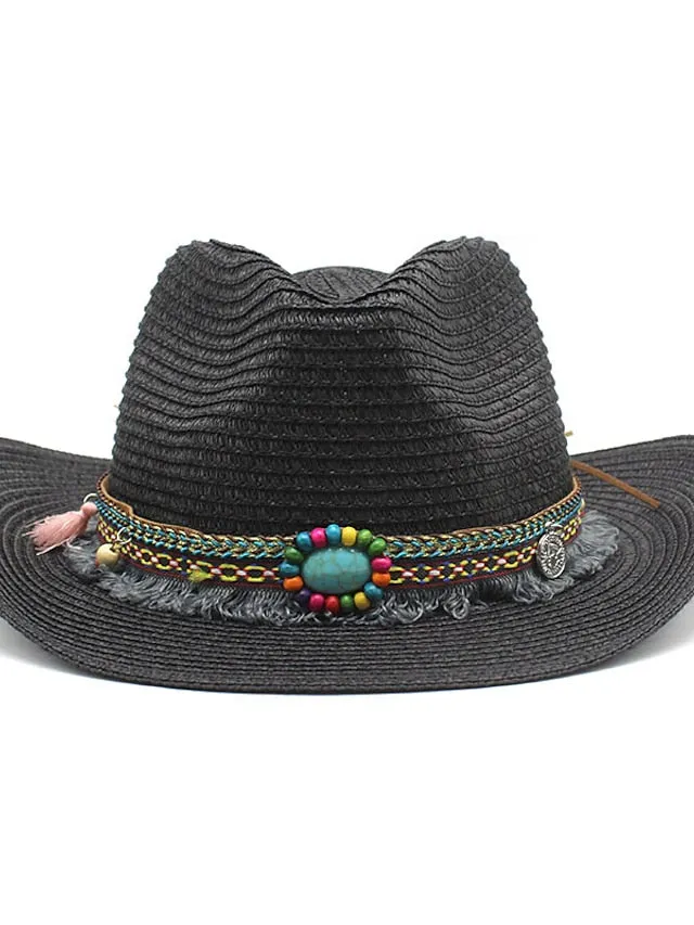 1pcs Elegant Tassel Beach Hats For Women Holiday Hats Ladies Sun Hat Summer Straw Hats Foldable Travel Couple Cowboy Visor Hat for Women