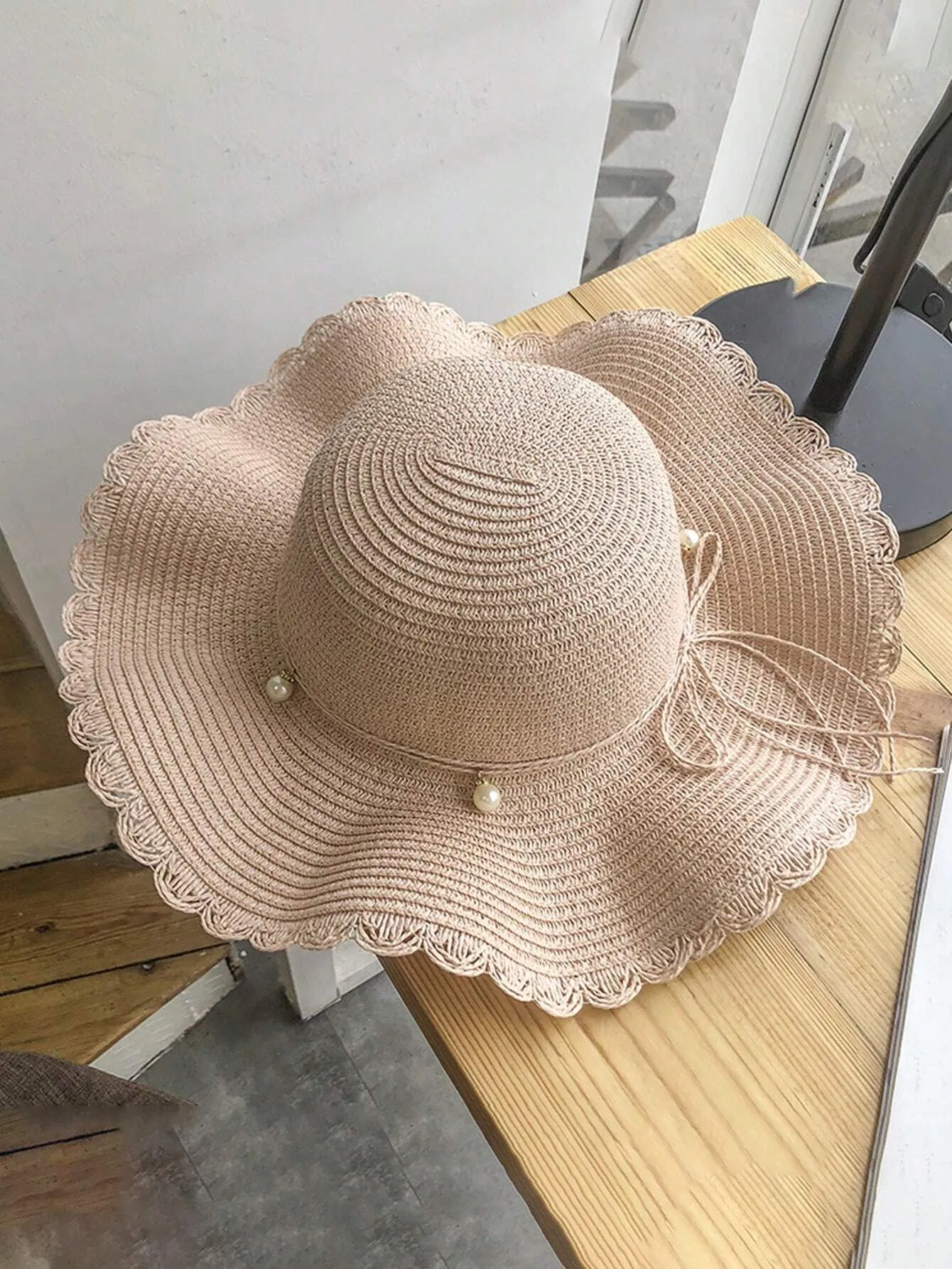 Boho 1pc Summer Small Fresh Wave Big Along The Straw Hat, Korean Version Of All The Pearl Leisure Sun Protection Beach Visor