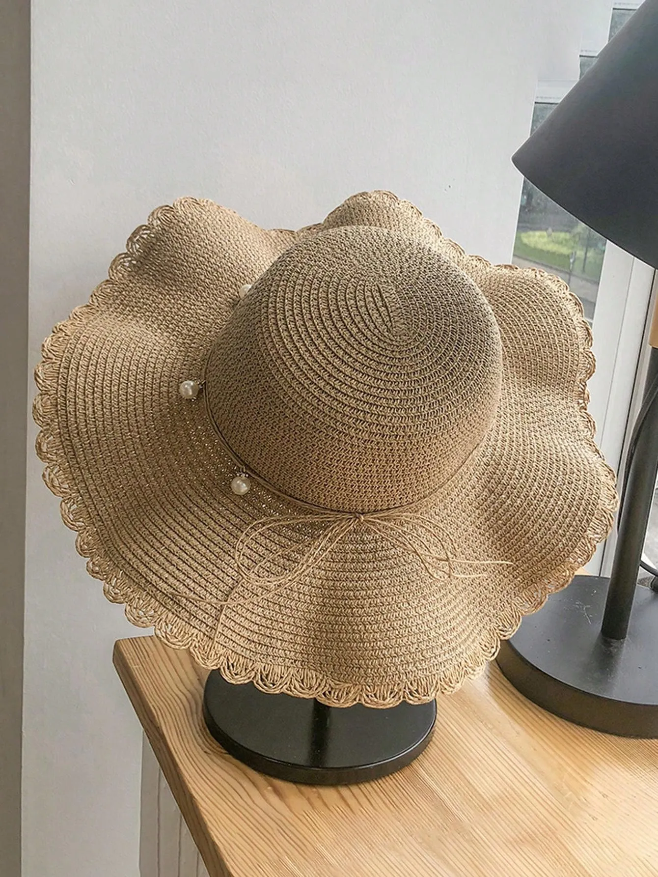 Boho 1pc Summer Small Fresh Wave Big Along The Straw Hat, Korean Version Of All The Pearl Leisure Sun Protection Beach Visor