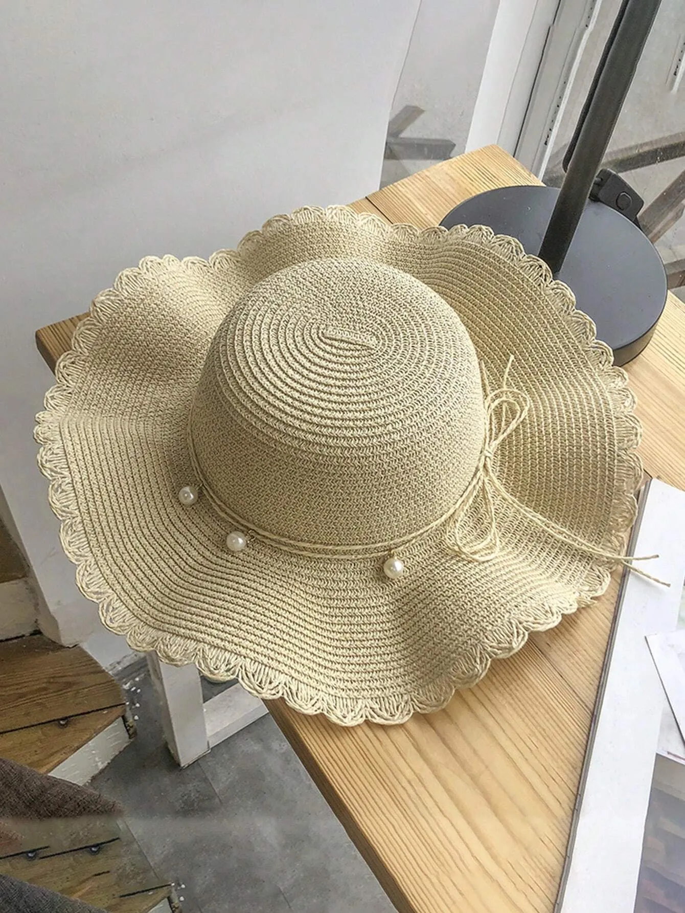 Boho 1pc Summer Small Fresh Wave Big Along The Straw Hat, Korean Version Of All The Pearl Leisure Sun Protection Beach Visor
