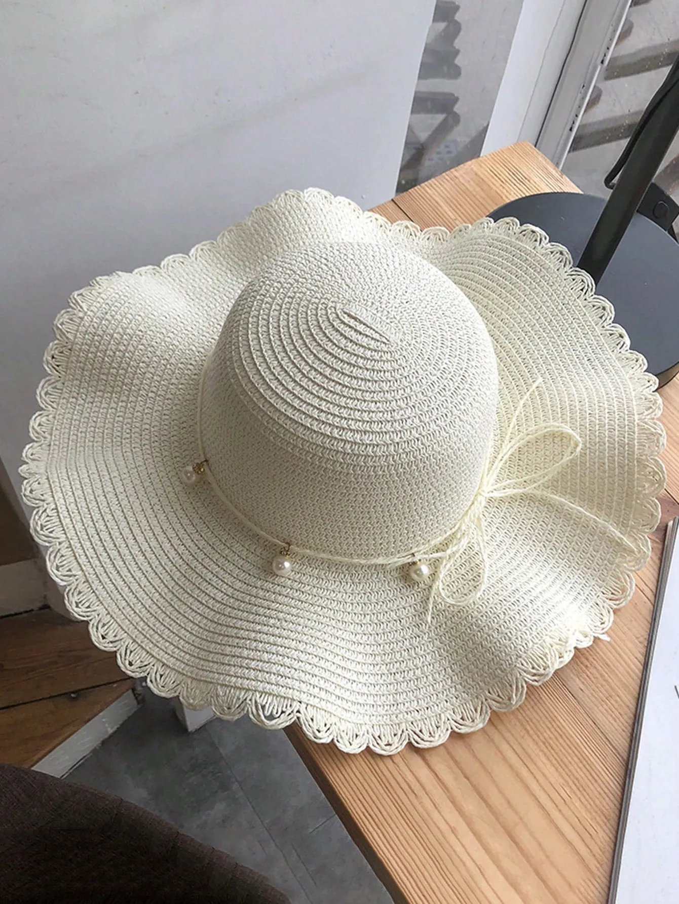 Boho 1pc Summer Small Fresh Wave Big Along The Straw Hat, Korean Version Of All The Pearl Leisure Sun Protection Beach Visor
