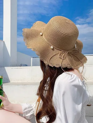Boho 1pc Summer Small Fresh Wave Big Along The Straw Hat, Korean Version Of All The Pearl Leisure Sun Protection Beach Visor