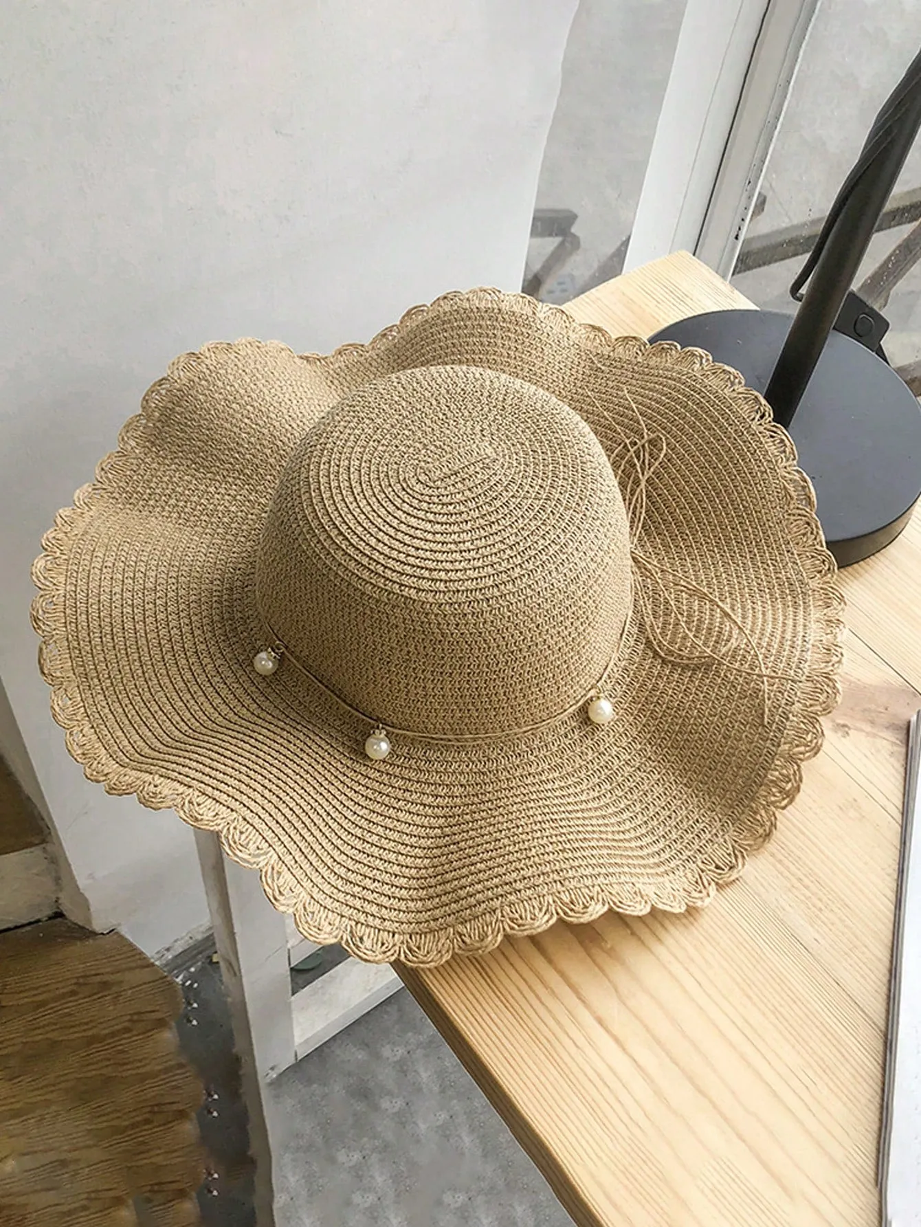 Boho 1pc Summer Small Fresh Wave Big Along The Straw Hat, Korean Version Of All The Pearl Leisure Sun Protection Beach Visor