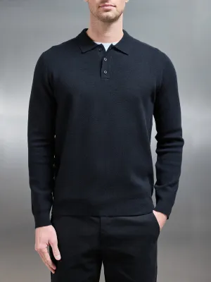 Chunky Knitted Polo Shirt in Black