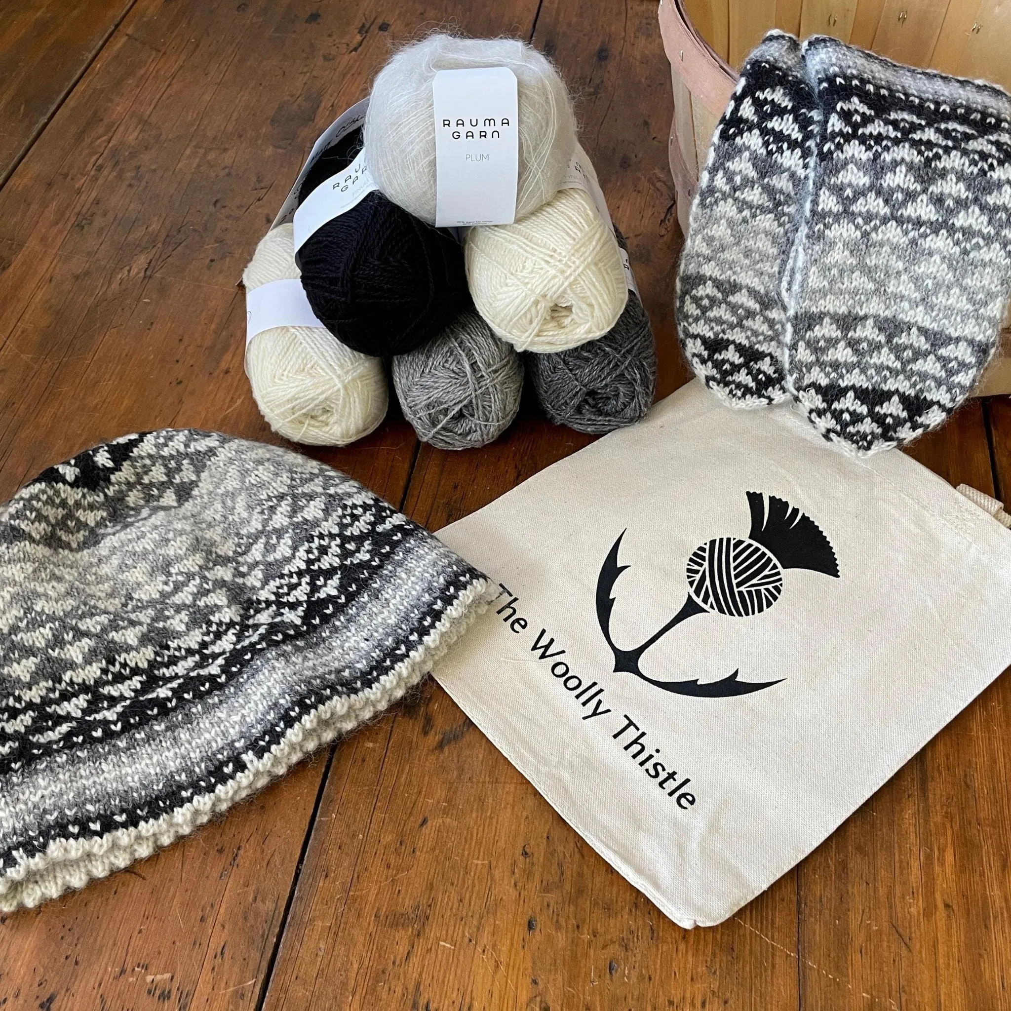 Downeaster Hat & Mitten Yarn Set by Mary O'Shea in Rauma Finullgarn & Plum