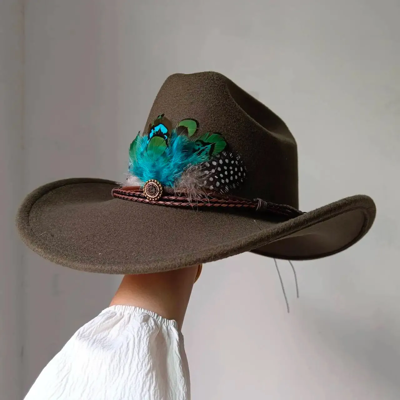 Feather Trimmed 9CM Wide Brim Western Hats