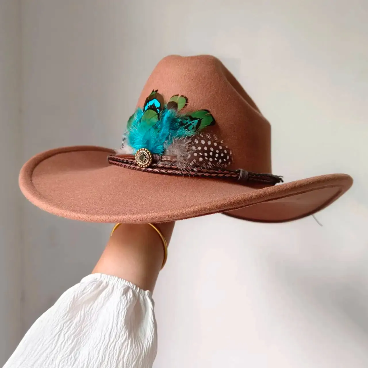 Feather Trimmed 9CM Wide Brim Western Hats