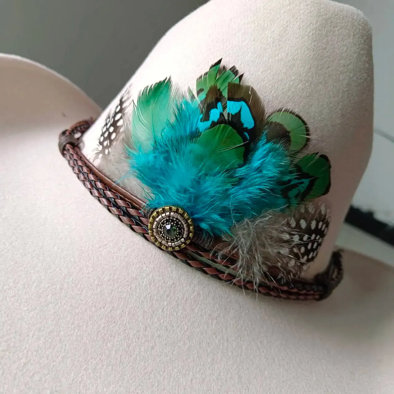 Feather Trimmed 9CM Wide Brim Western Hats