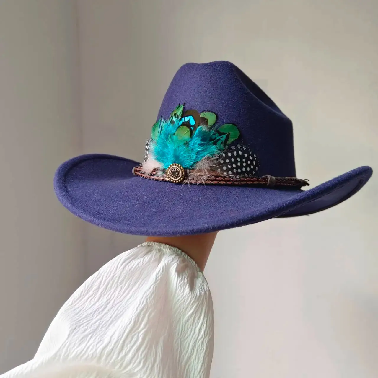 Feather Trimmed 9CM Wide Brim Western Hats