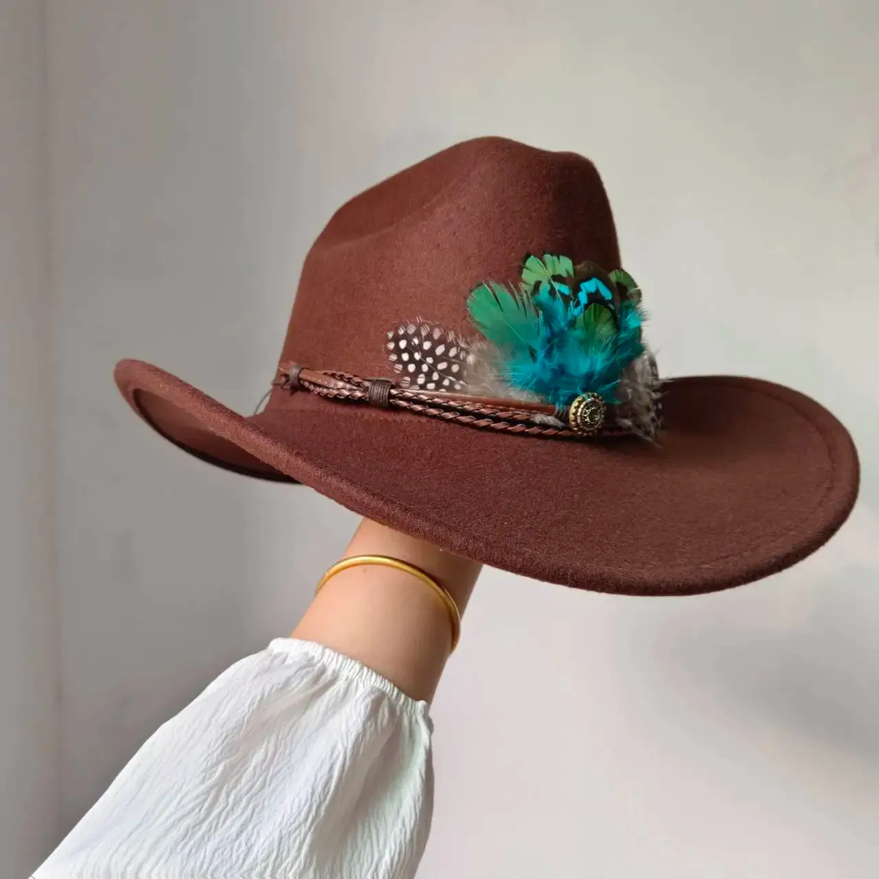 Feather Trimmed 9CM Wide Brim Western Hats