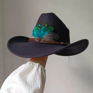 Feather Trimmed 9CM Wide Brim Western Hats