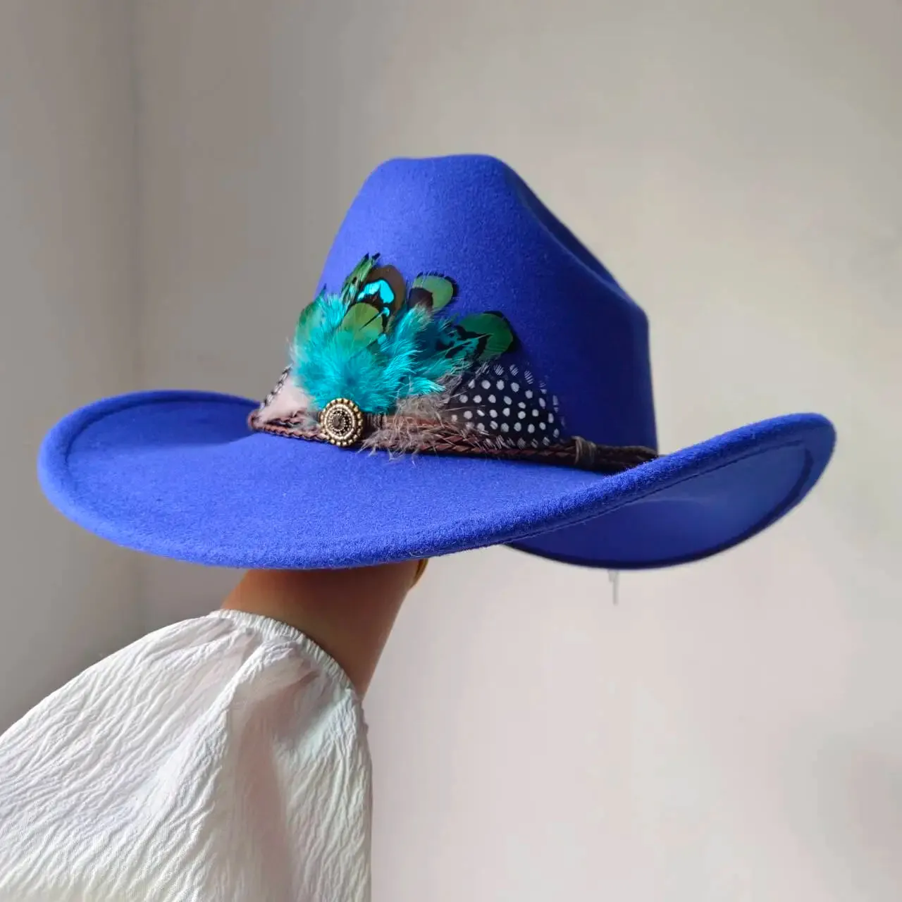 Feather Trimmed 9CM Wide Brim Western Hats