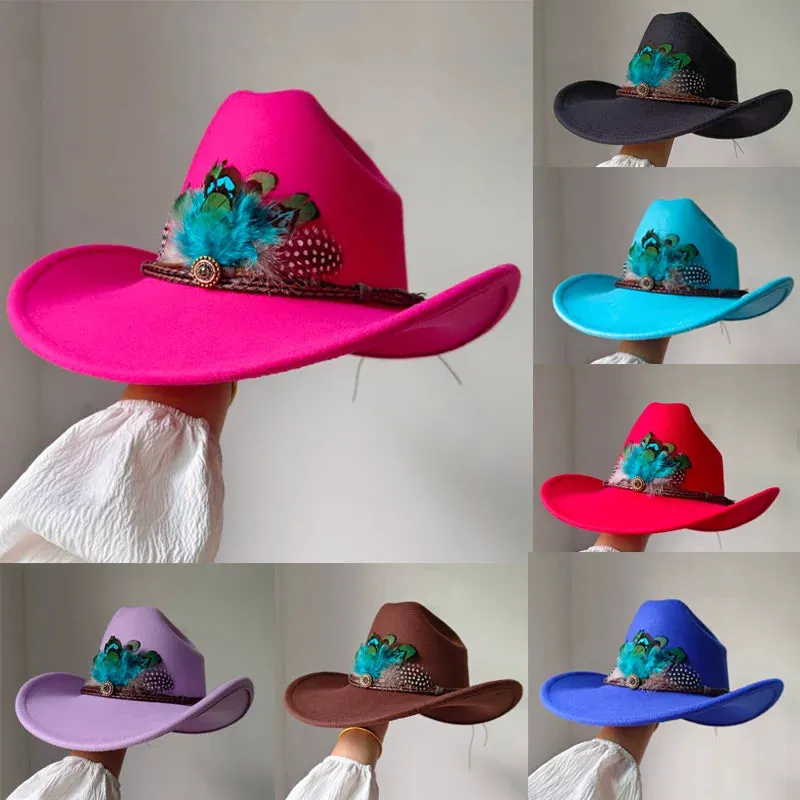 Feather Trimmed 9CM Wide Brim Western Hats