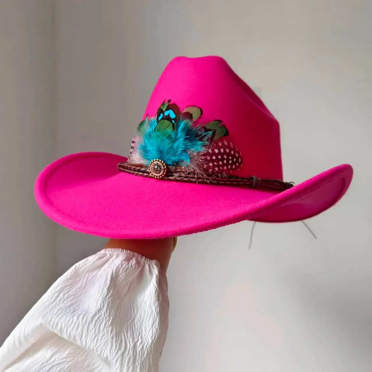 Feather Trimmed 9CM Wide Brim Western Hats
