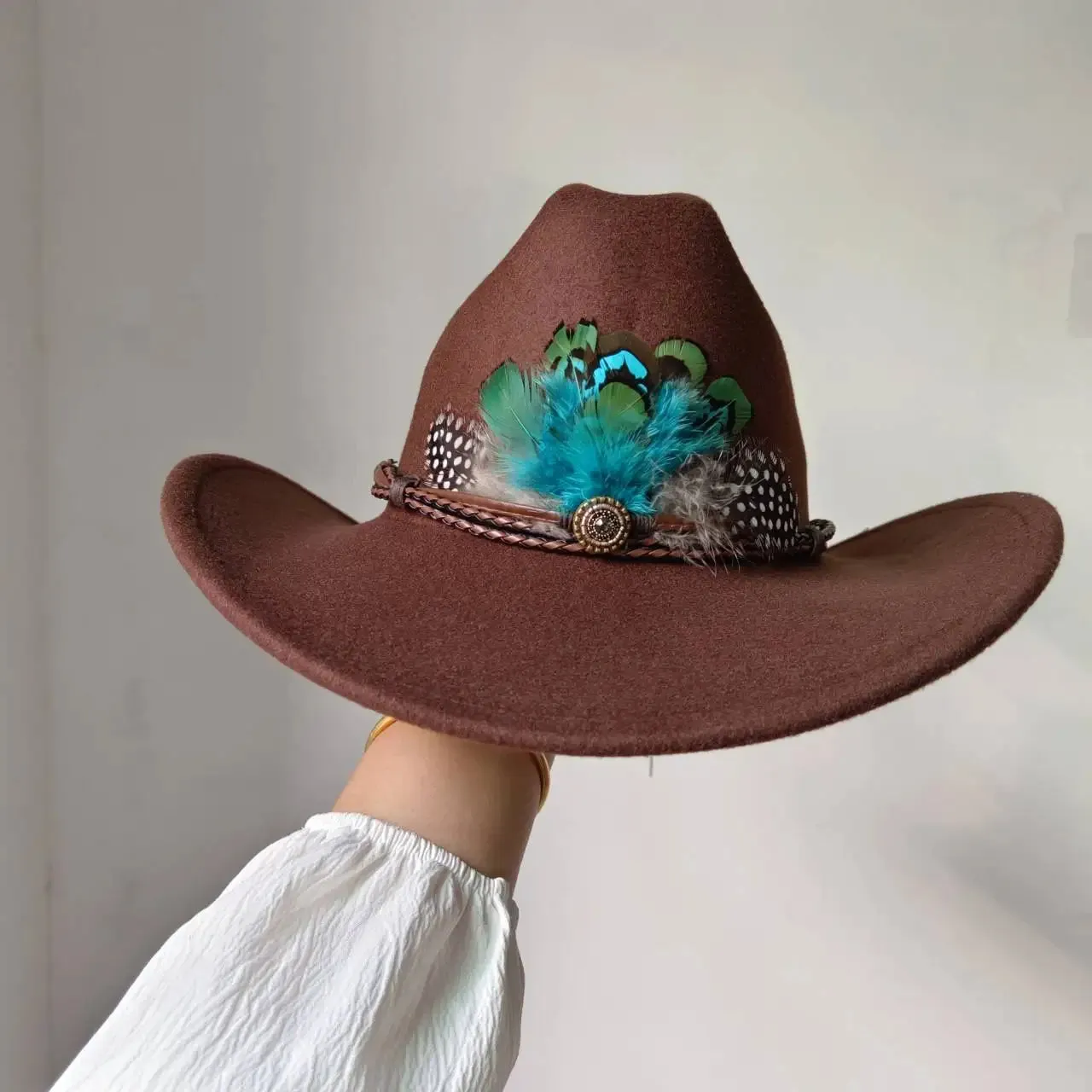 Feather Trimmed 9CM Wide Brim Western Hats