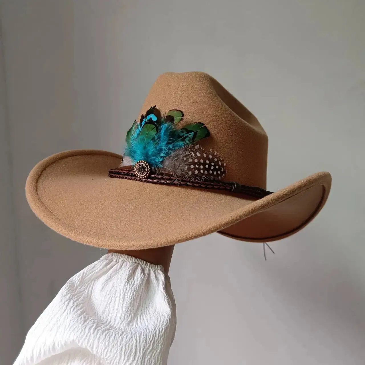 Feather Trimmed 9CM Wide Brim Western Hats