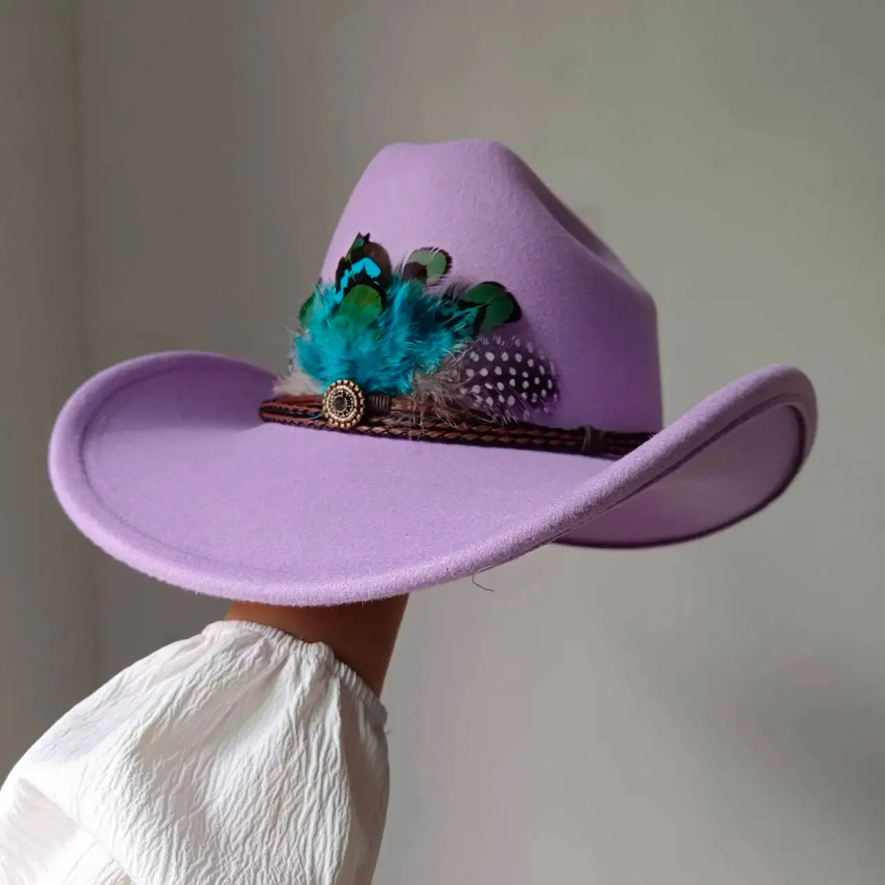Feather Trimmed 9CM Wide Brim Western Hats