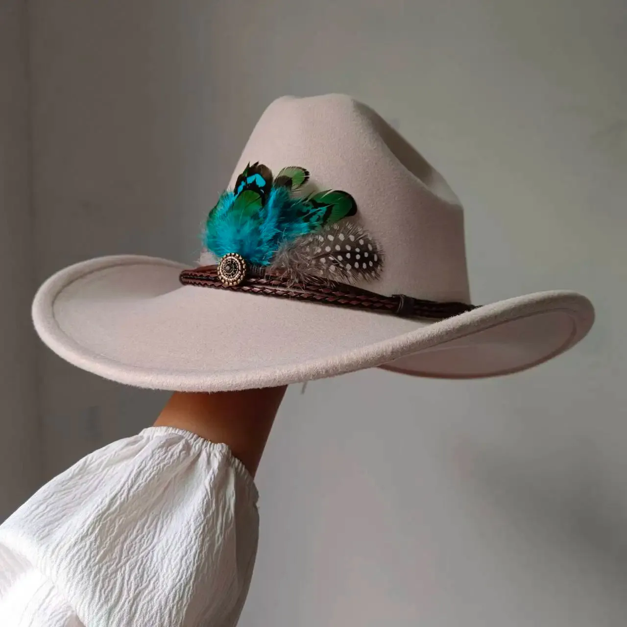 Feather Trimmed 9CM Wide Brim Western Hats