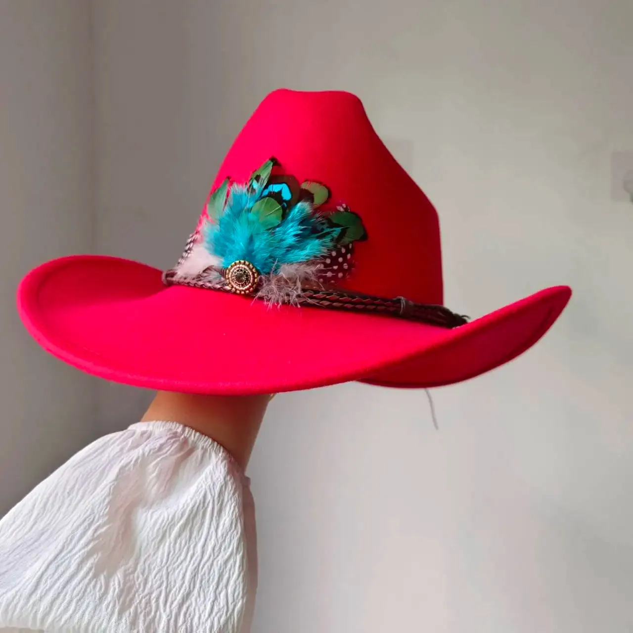 Feather Trimmed 9CM Wide Brim Western Hats