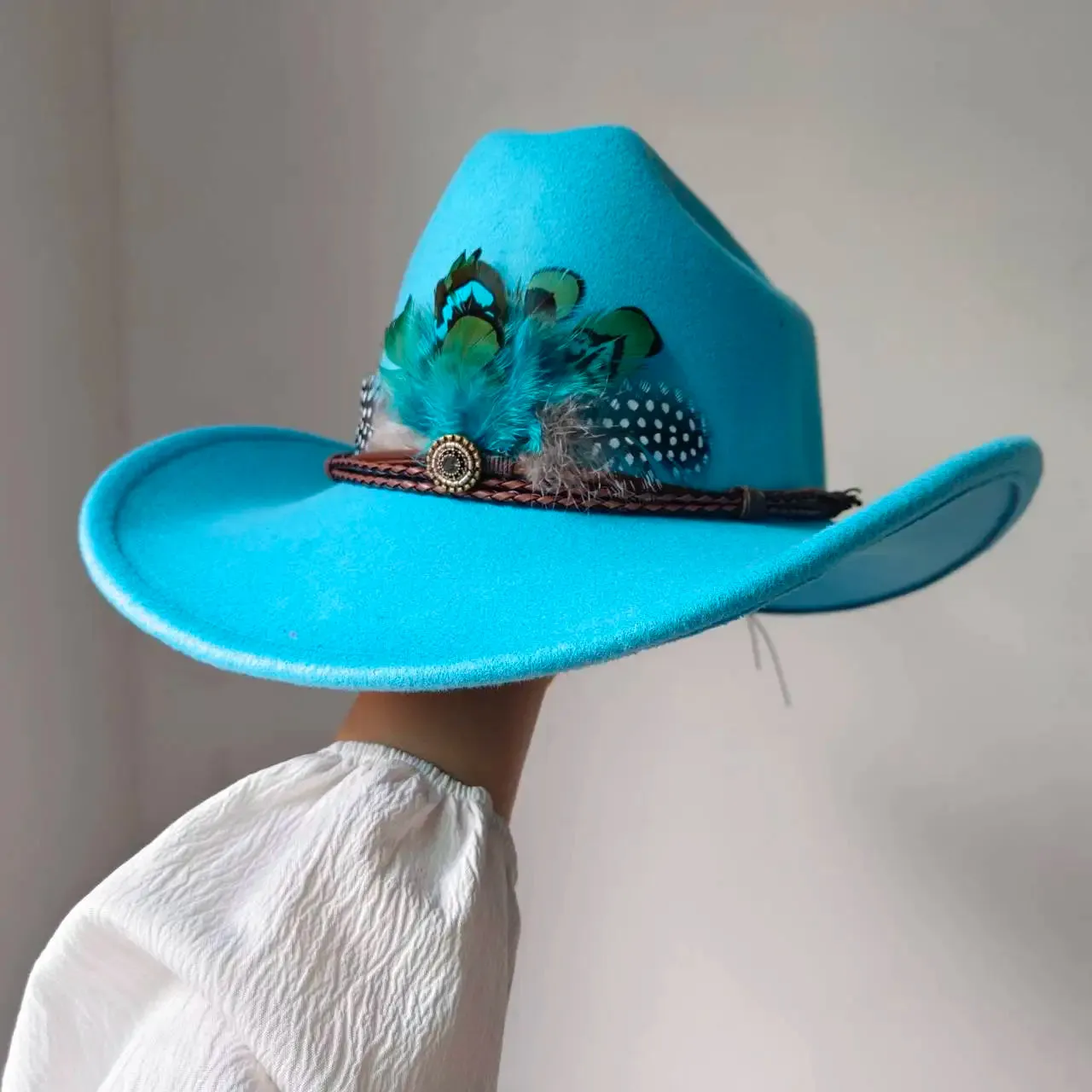 Feather Trimmed 9CM Wide Brim Western Hats