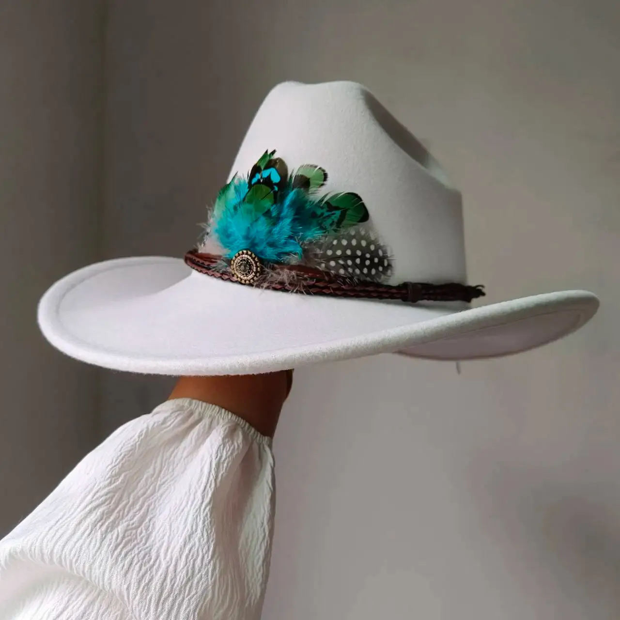 Feather Trimmed 9CM Wide Brim Western Hats