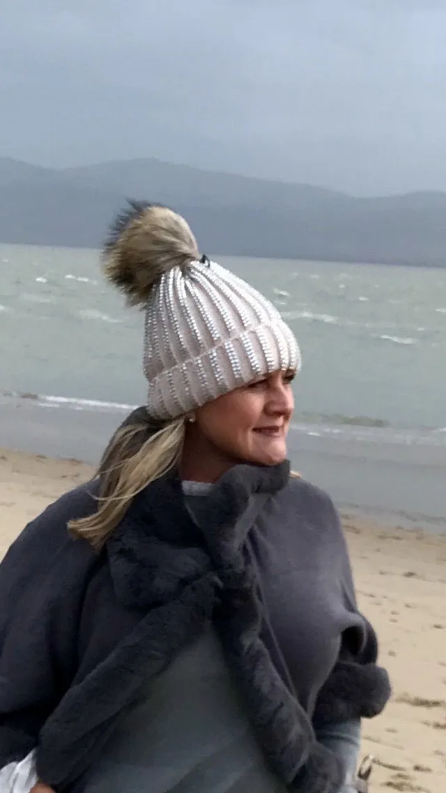 Florence Knitted Diamonte Real Fur Bobble Hat in Pink