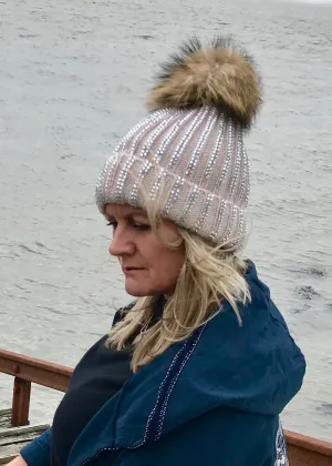 Florence Knitted Diamonte Real Fur Bobble Hat in Pink