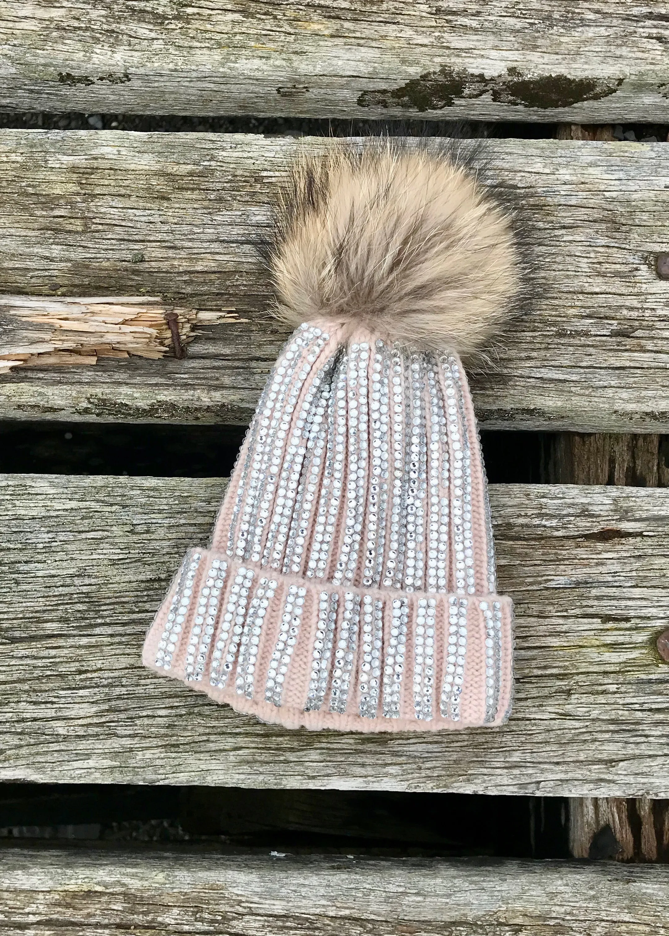 Florence Knitted Diamonte Real Fur Bobble Hat in Pink