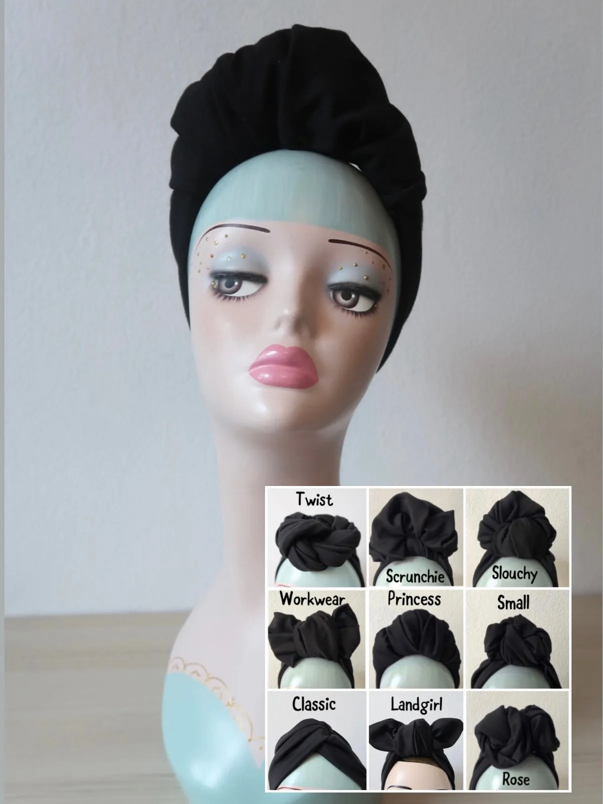 KNOT CHOICE 1940s Pre-tied Stretchy Plain Black Headband (made to order)