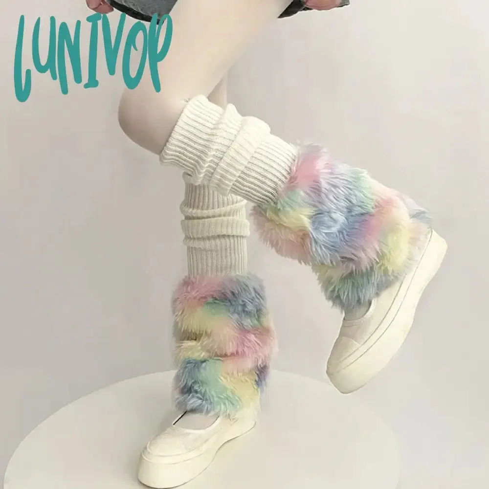 Lunivop Cute Colorful Rainbow Leg Warmer Plush Imitation Fur Japanese Women Knitted Over Knee Tube  Winter Warm Long Leg Cover Socks