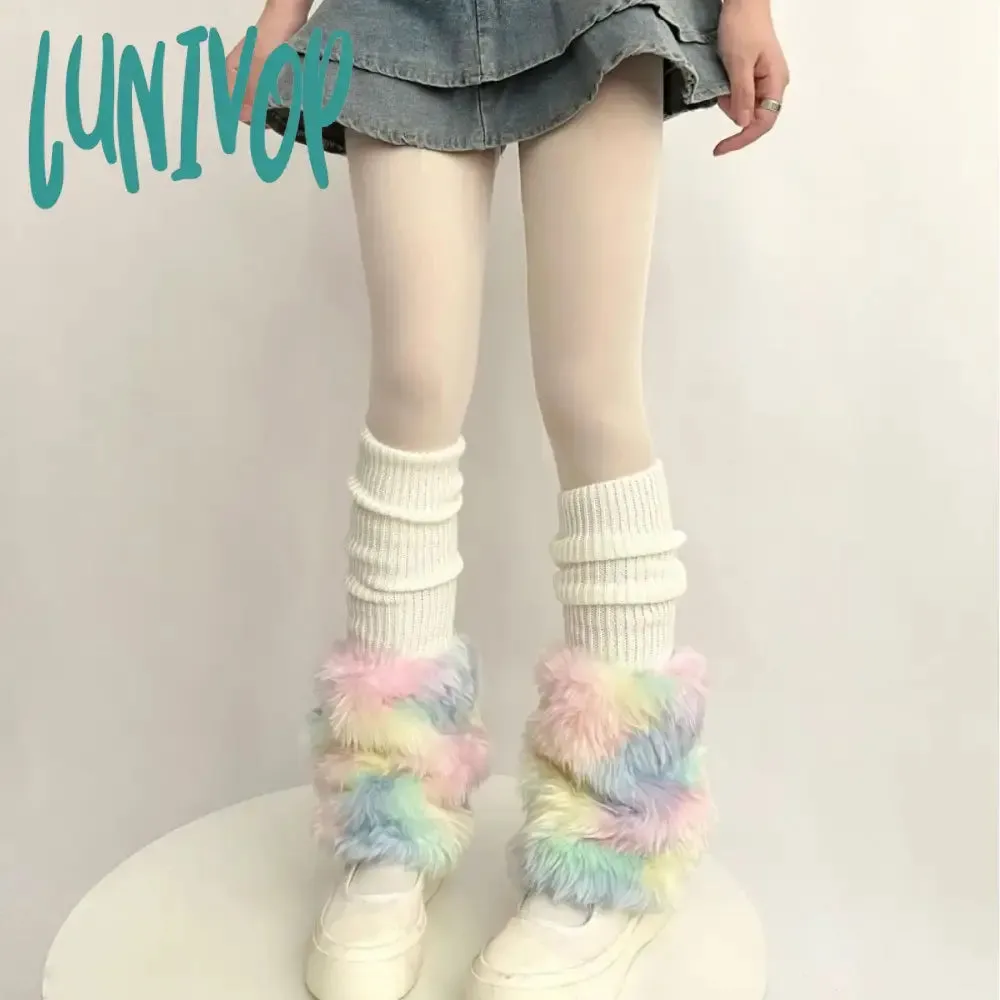 Lunivop Cute Colorful Rainbow Leg Warmer Plush Imitation Fur Japanese Women Knitted Over Knee Tube  Winter Warm Long Leg Cover Socks