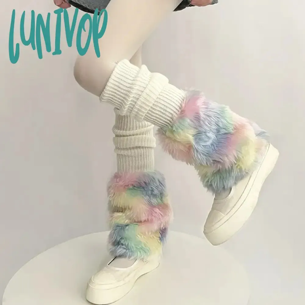 Lunivop Cute Colorful Rainbow Leg Warmer Plush Imitation Fur Japanese Women Knitted Over Knee Tube  Winter Warm Long Leg Cover Socks