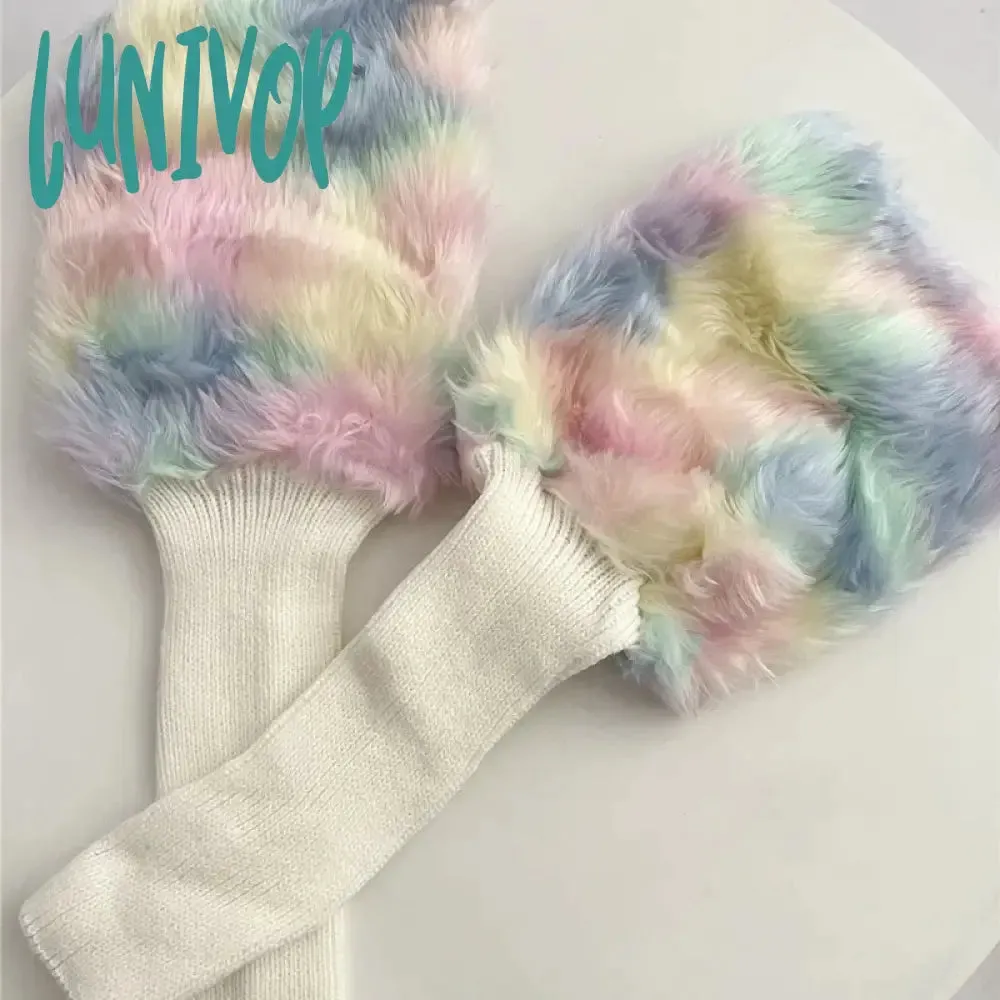 Lunivop Cute Colorful Rainbow Leg Warmer Plush Imitation Fur Japanese Women Knitted Over Knee Tube  Winter Warm Long Leg Cover Socks