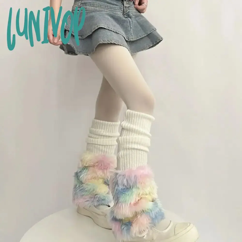 Lunivop Cute Colorful Rainbow Leg Warmer Plush Imitation Fur Japanese Women Knitted Over Knee Tube  Winter Warm Long Leg Cover Socks