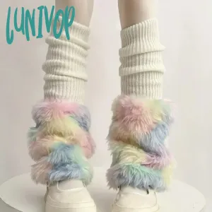 Lunivop Cute Colorful Rainbow Leg Warmer Plush Imitation Fur Japanese Women Knitted Over Knee Tube  Winter Warm Long Leg Cover Socks