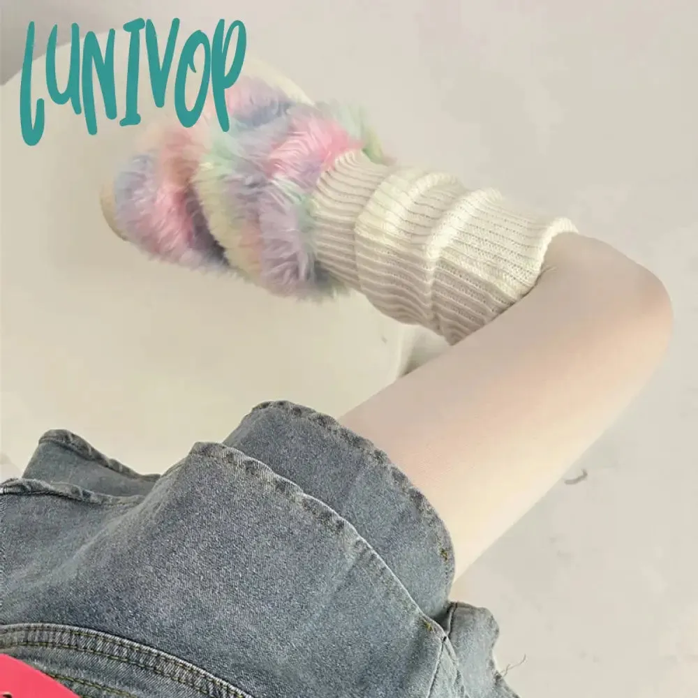 Lunivop Cute Colorful Rainbow Leg Warmer Plush Imitation Fur Japanese Women Knitted Over Knee Tube  Winter Warm Long Leg Cover Socks
