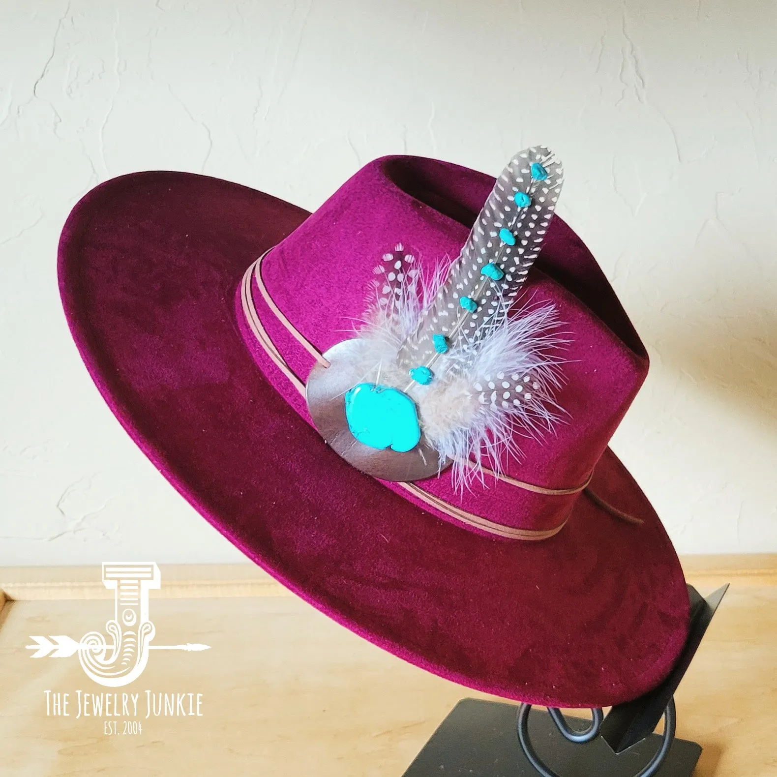 Turquoise Accent Guinea Feather Hat Band   Choice of Hat 986i