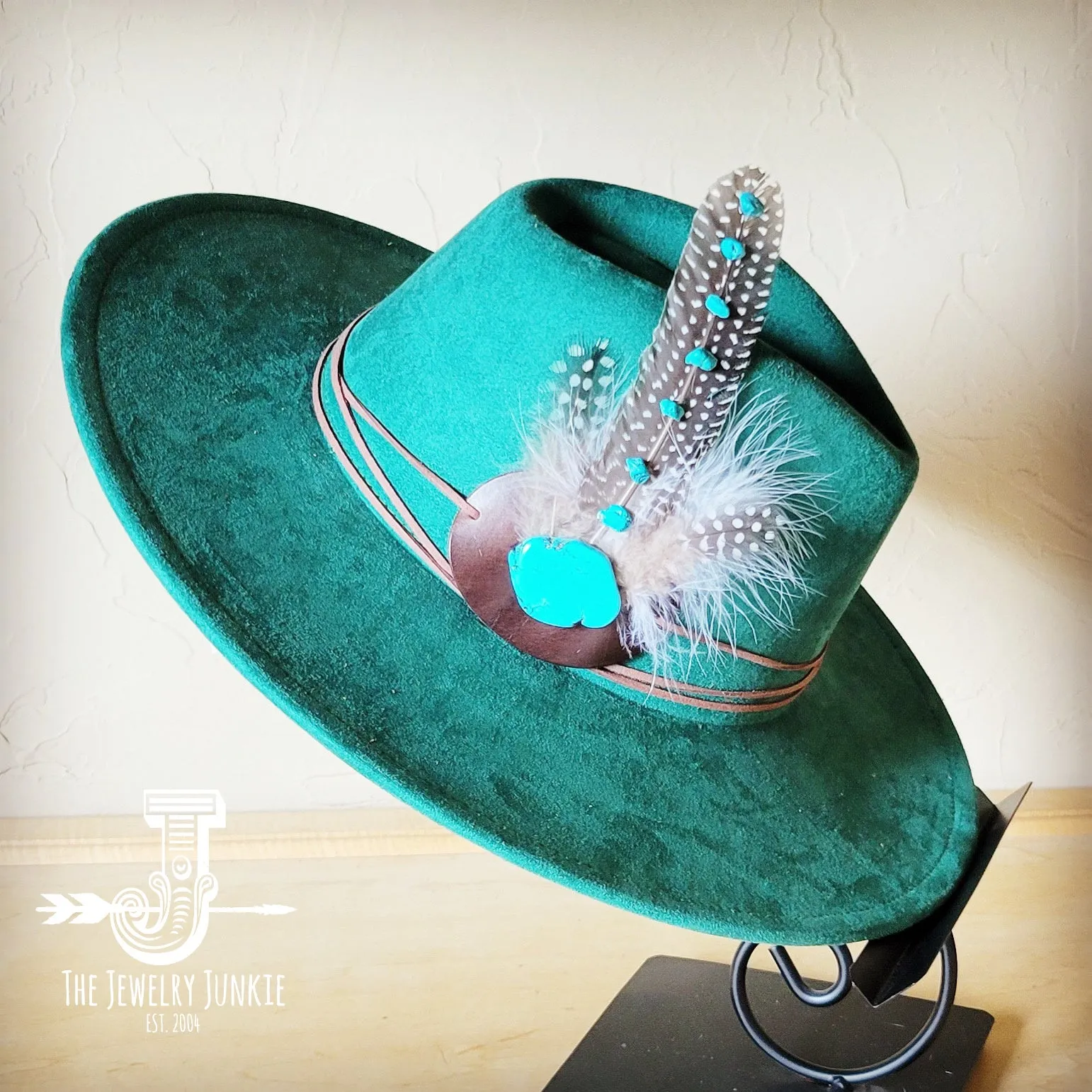 Turquoise Accent Guinea Feather Hat Band   Choice of Hat 986i