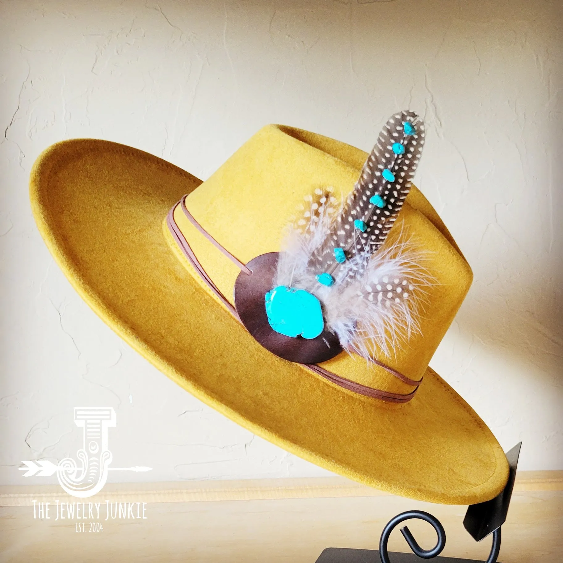 Turquoise Accent Guinea Feather Hat Band   Choice of Hat 986i