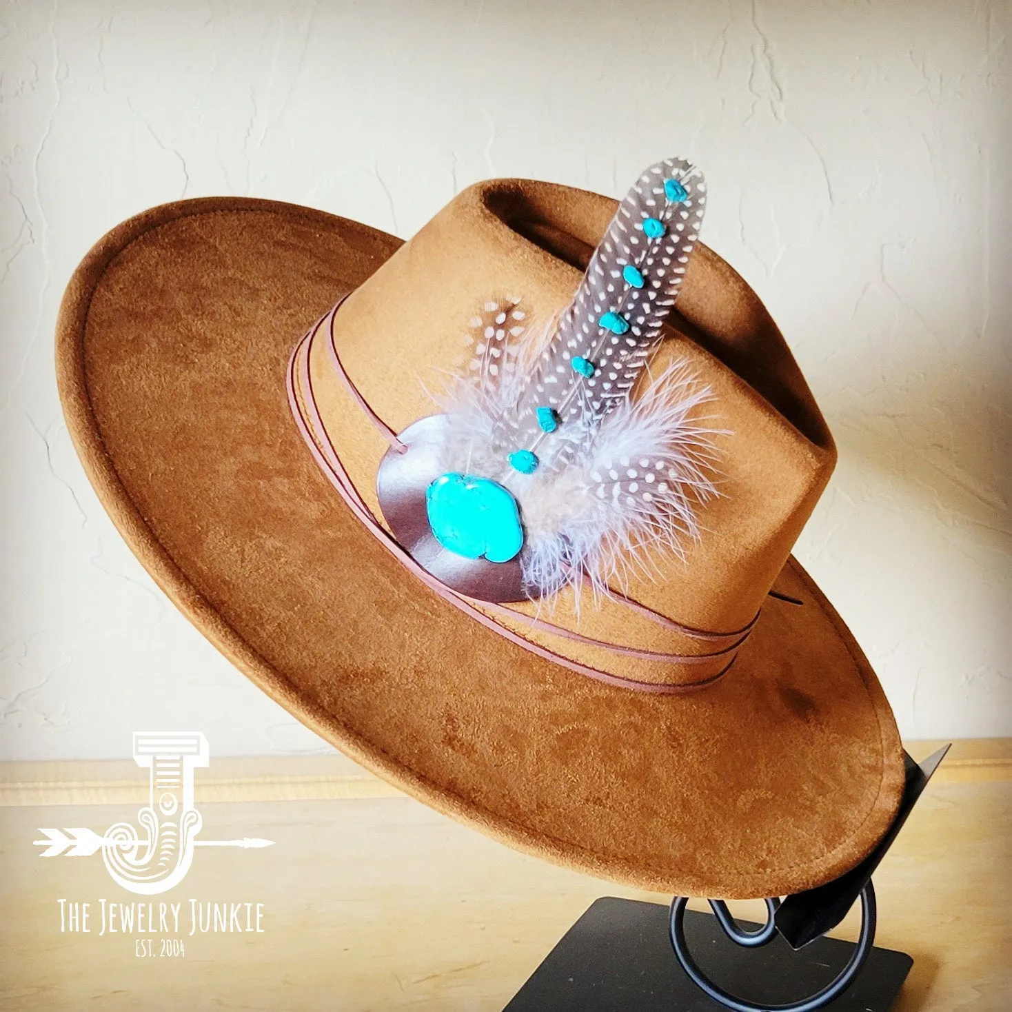 Turquoise Accent Guinea Feather Hat Band   Choice of Hat 986i