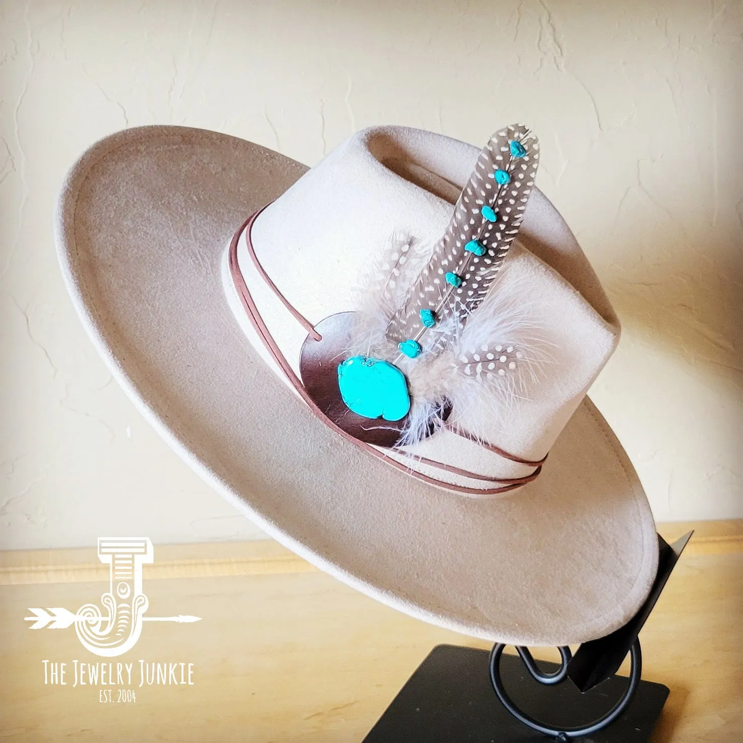 Turquoise Accent Guinea Feather Hat Band   Choice of Hat 986i