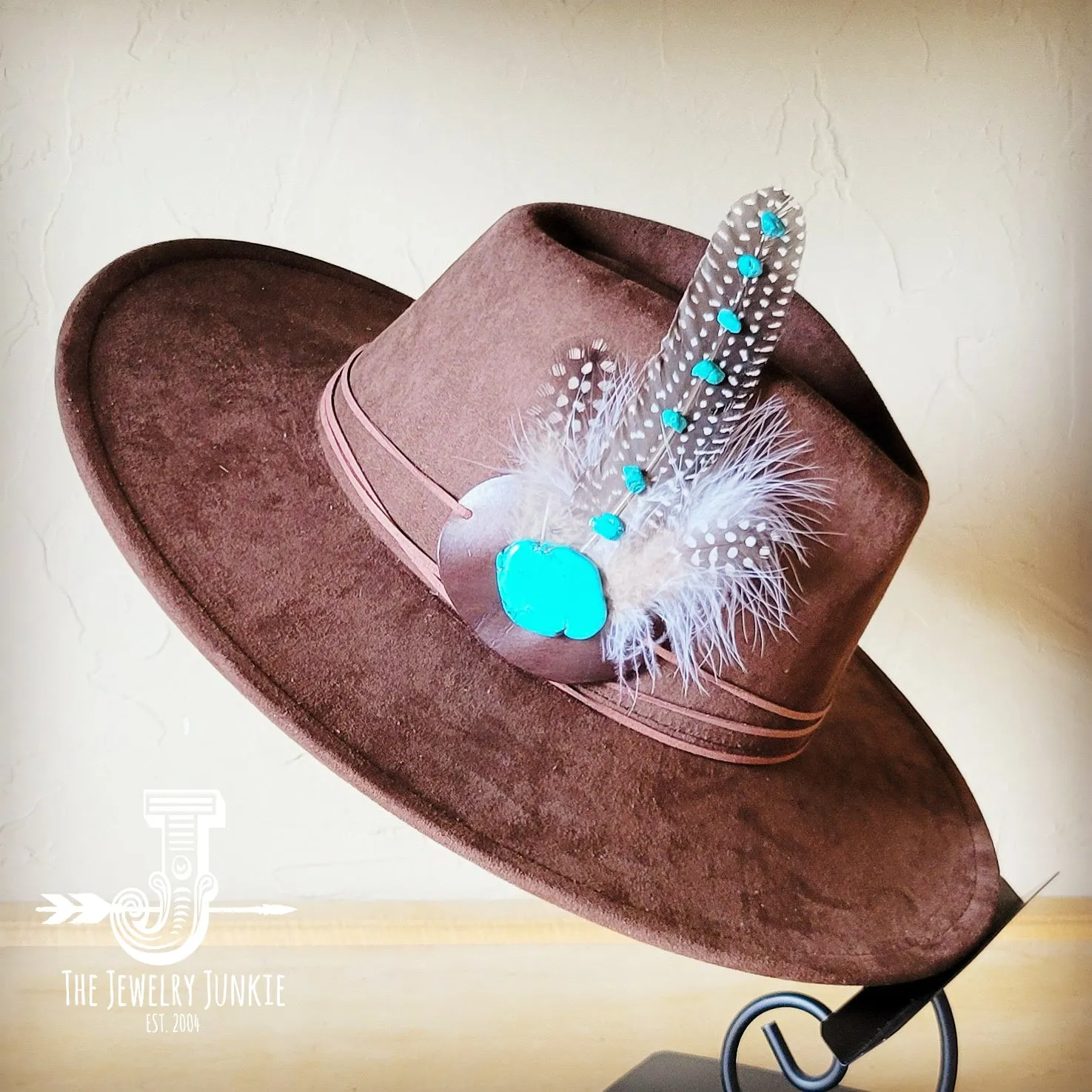 Turquoise Accent Guinea Feather Hat Band   Choice of Hat 986i
