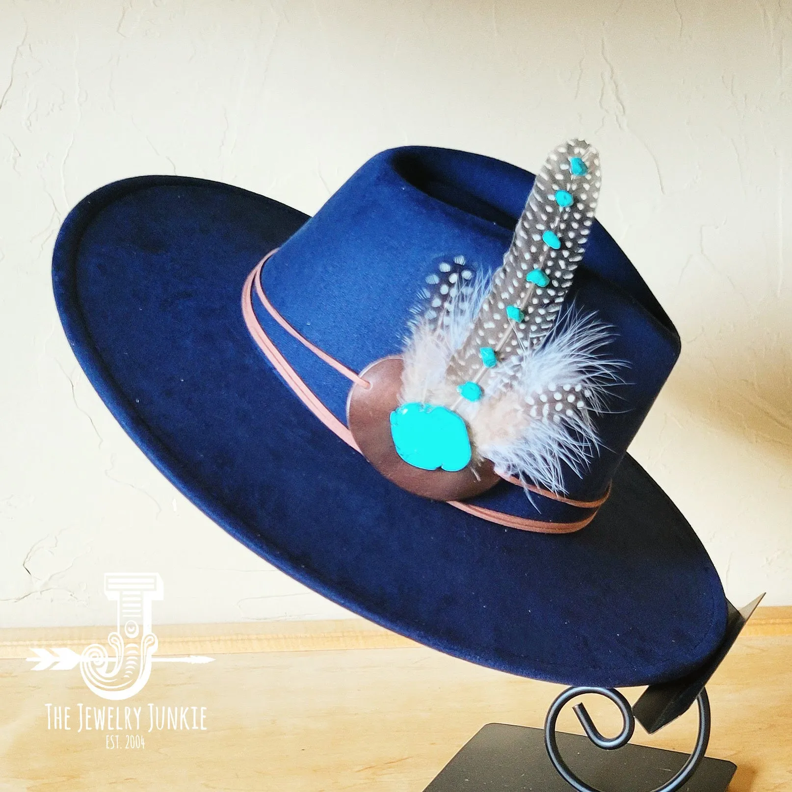 Turquoise Accent Guinea Feather Hat Band   Choice of Hat 986i