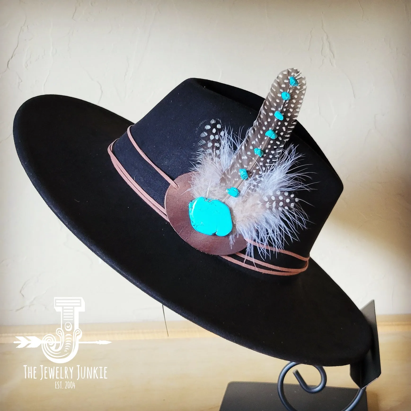 Turquoise Accent Guinea Feather Hat Band   Choice of Hat 986i