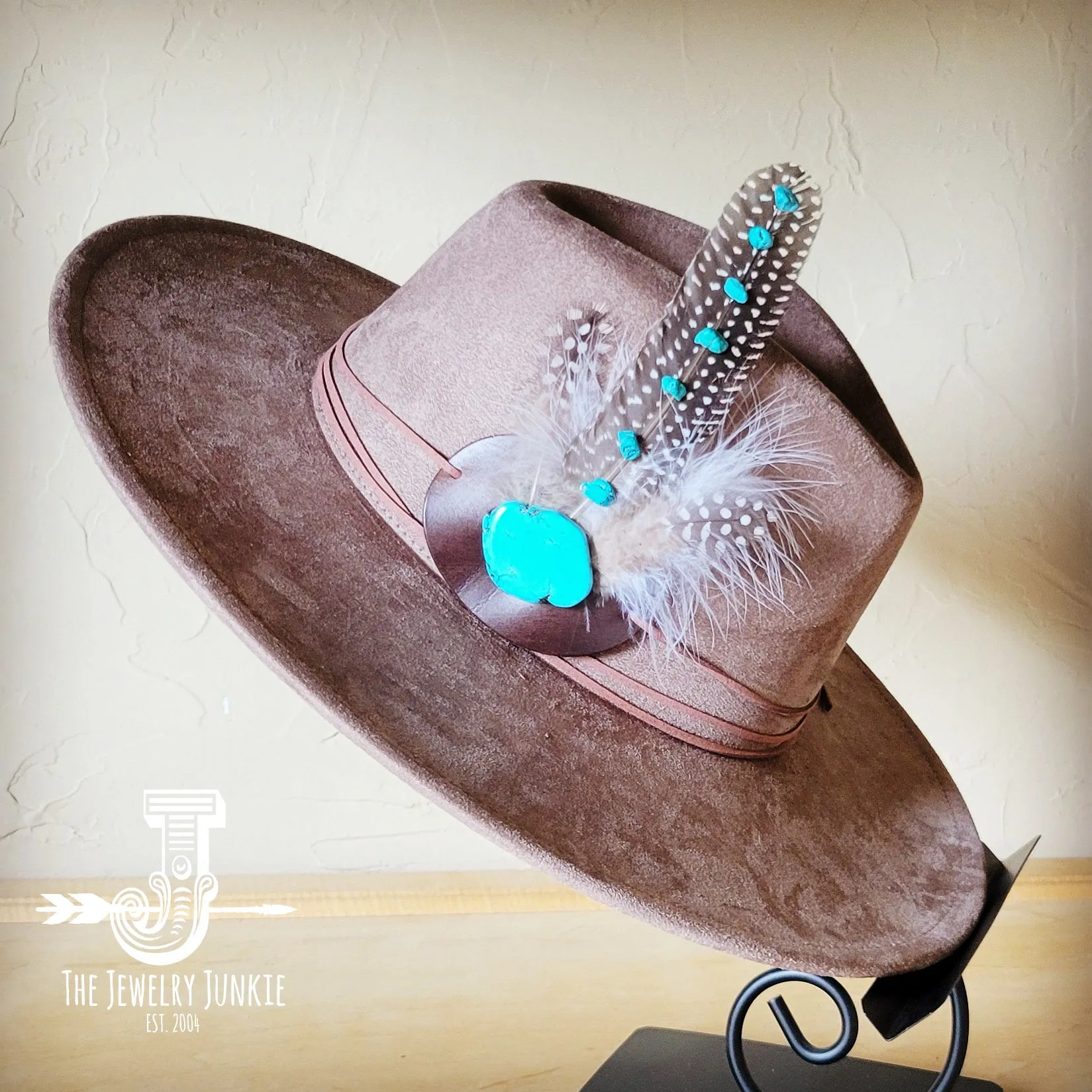 Turquoise Accent Guinea Feather Hat Band   Choice of Hat 986i