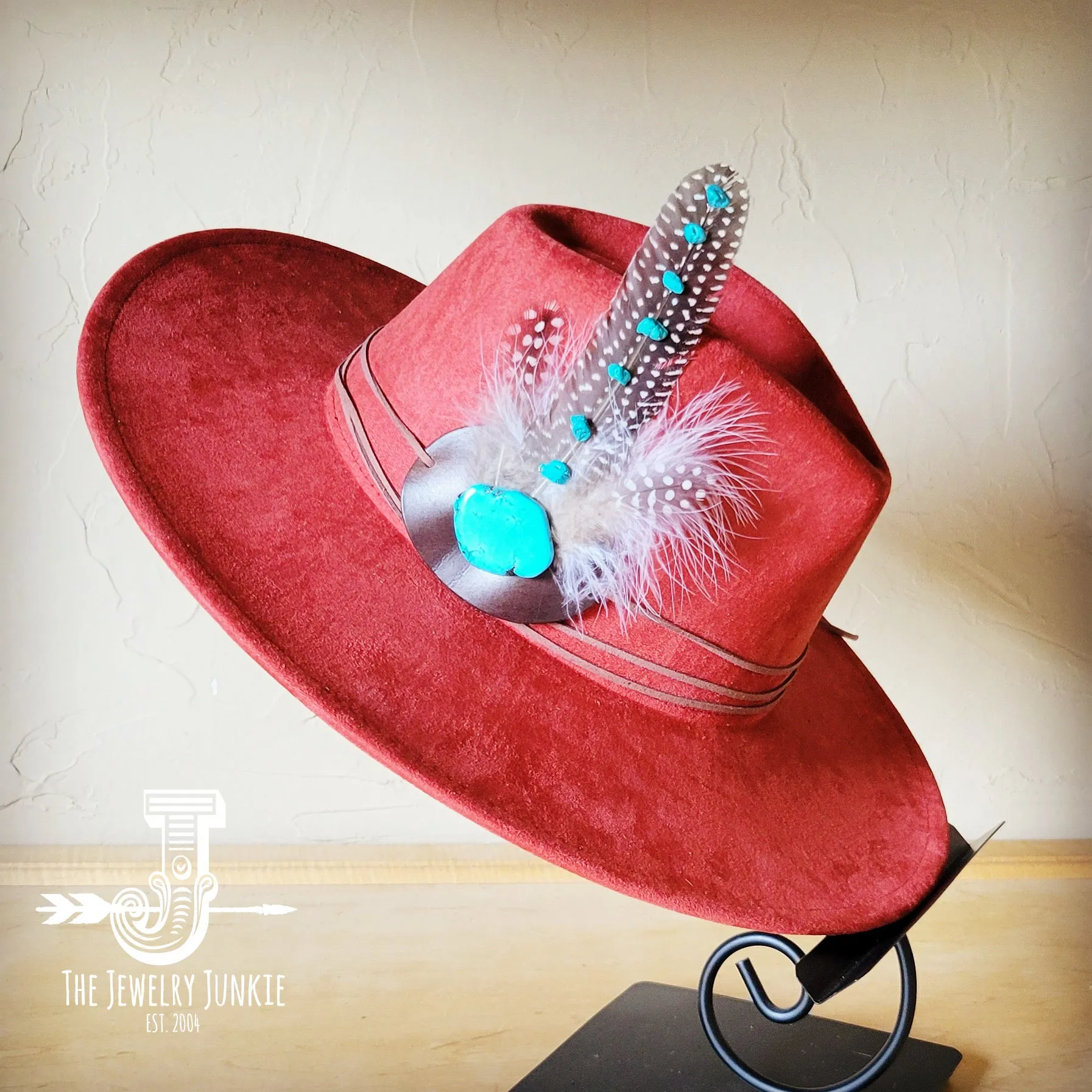Turquoise Accent Guinea Feather Hat Band   Choice of Hat 986i