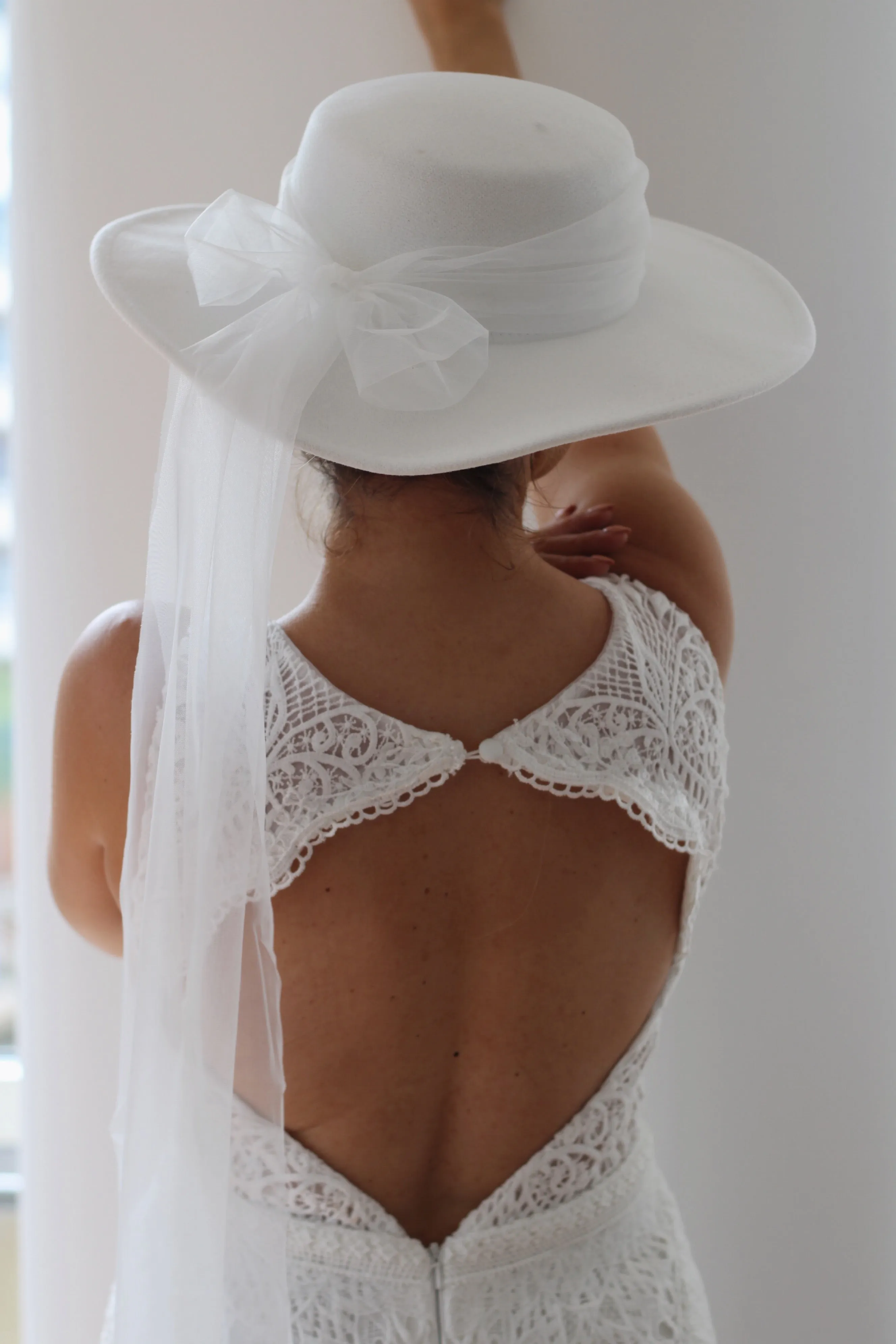 White Bridal Hat with tulle bow