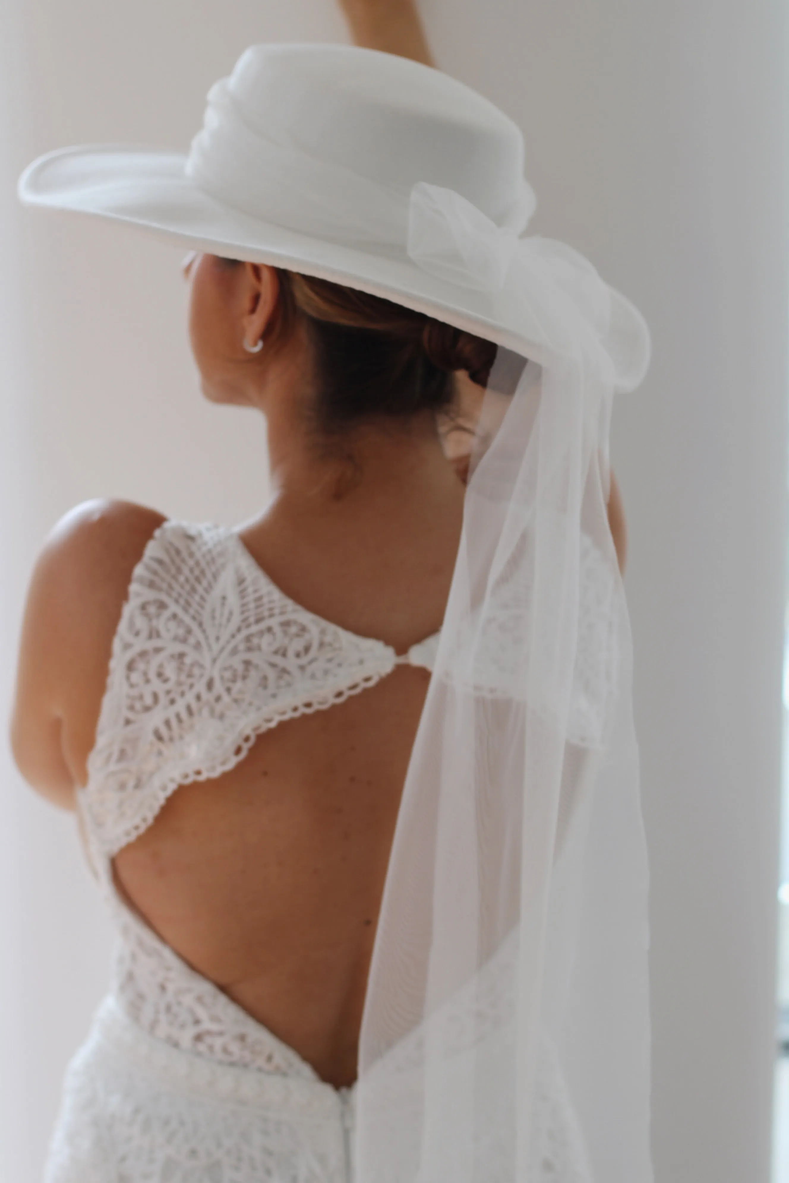 White Bridal Hat with tulle bow
