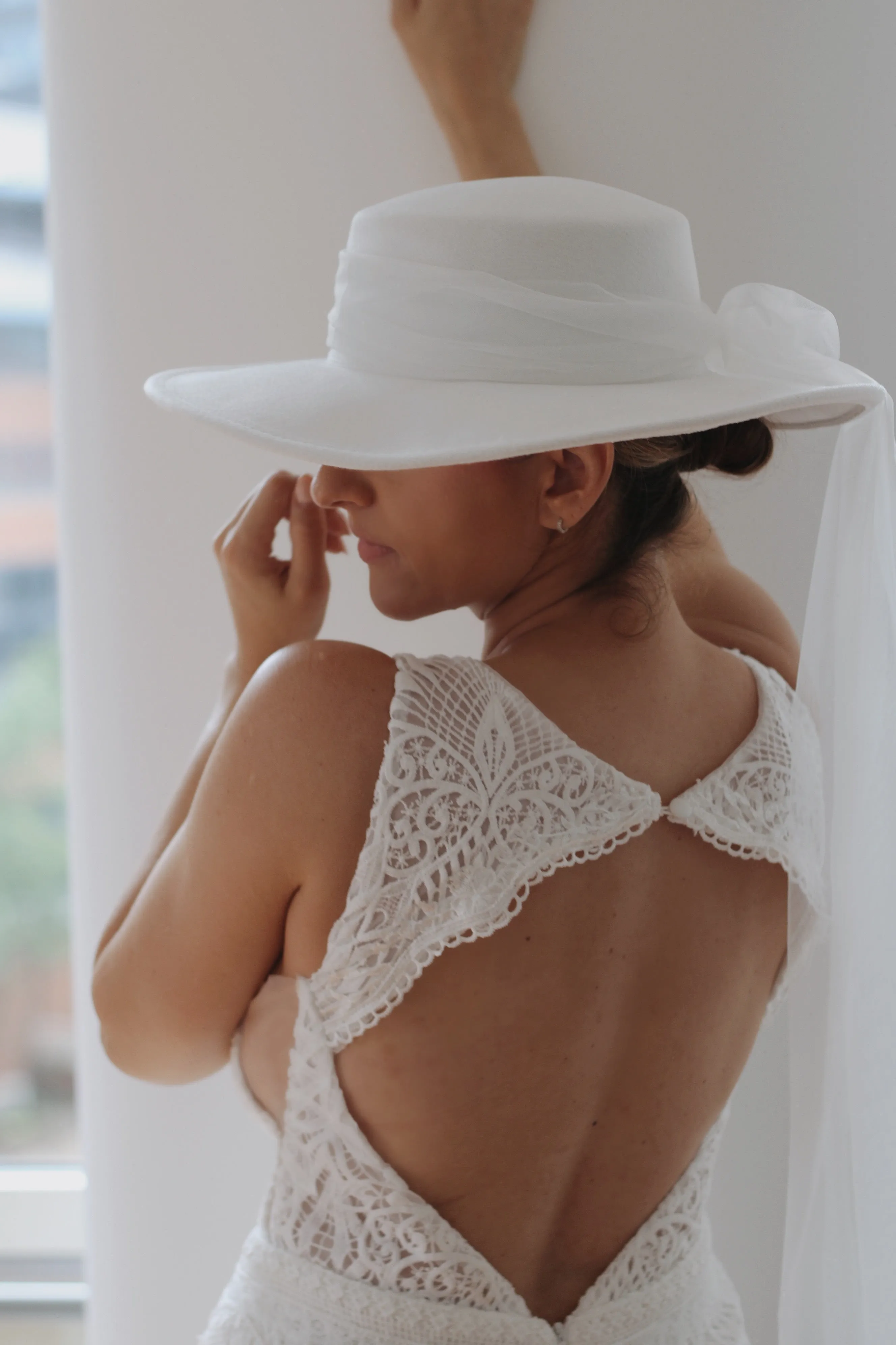 White Bridal Hat with tulle bow
