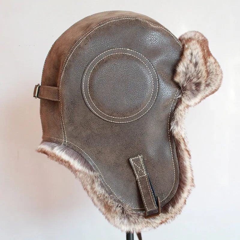 Winter Pilot Aviator Bomber Trapper Hat Faux Fur Leather Snow Cap with Ear Flaps
